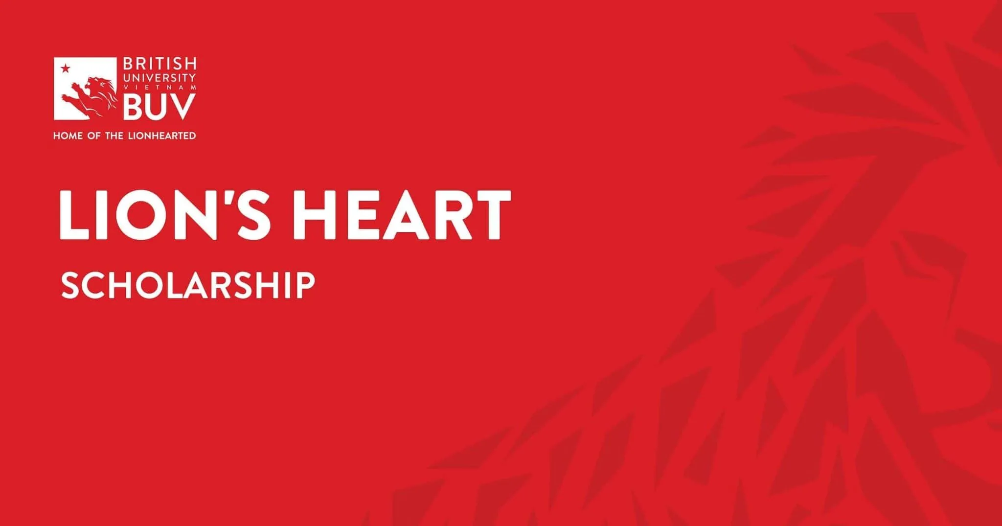 British University Vietnam (BUV) promotional banner with a red background and the text “Lion’s Heart Scholarship.”