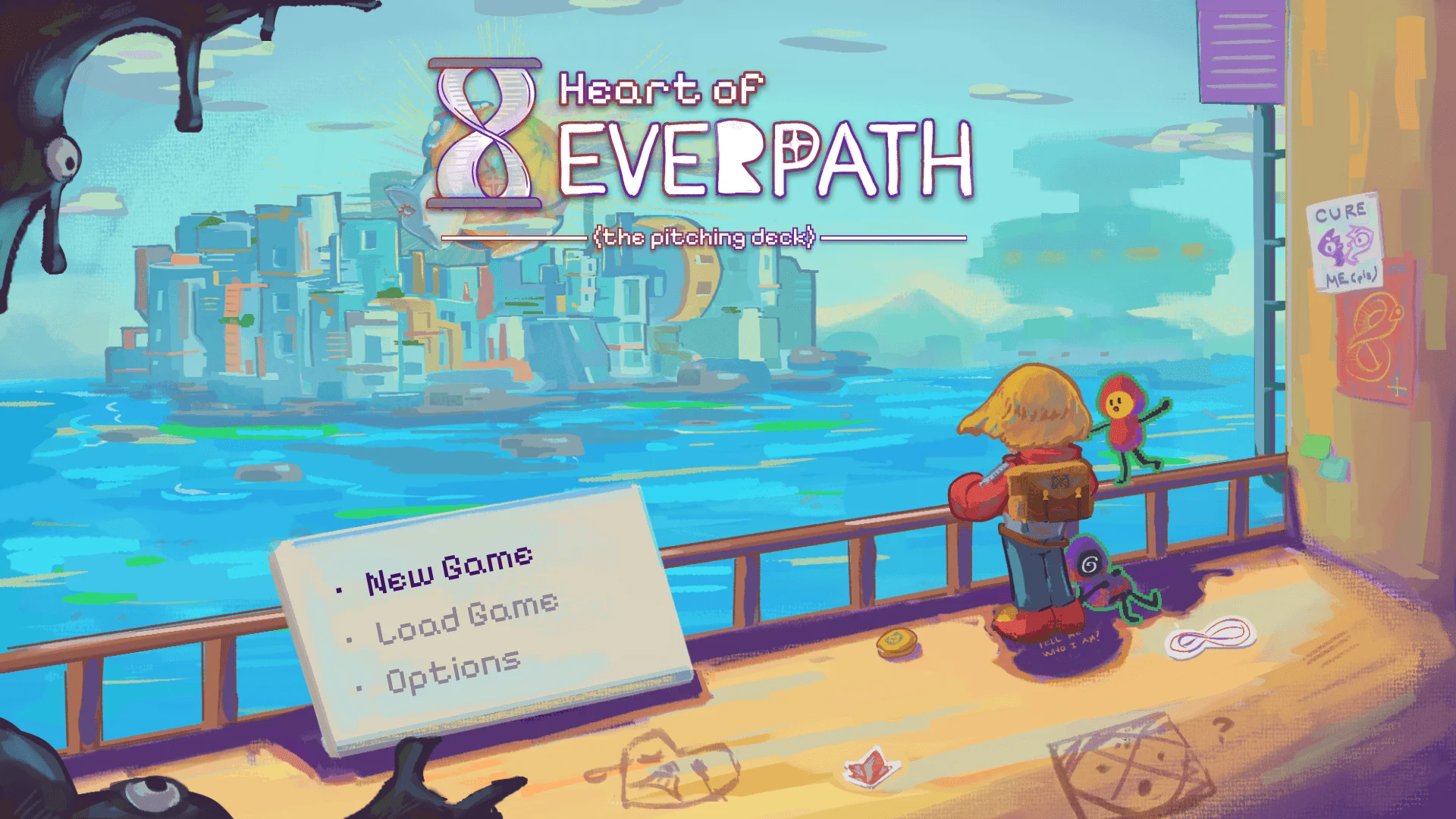 Heart of Everpath: The Pilching Deck video game menu overlooking a colorful coastal city