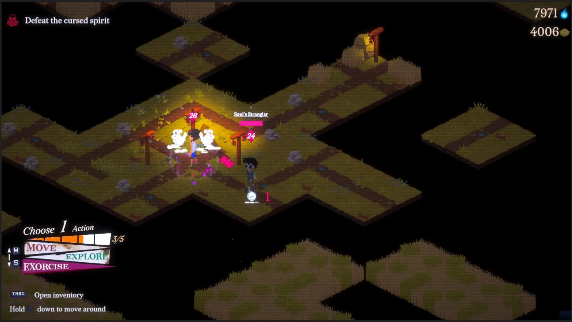 Isometric video game battle with a cursed spirit and action menu for Move, Explore and Exorcise.