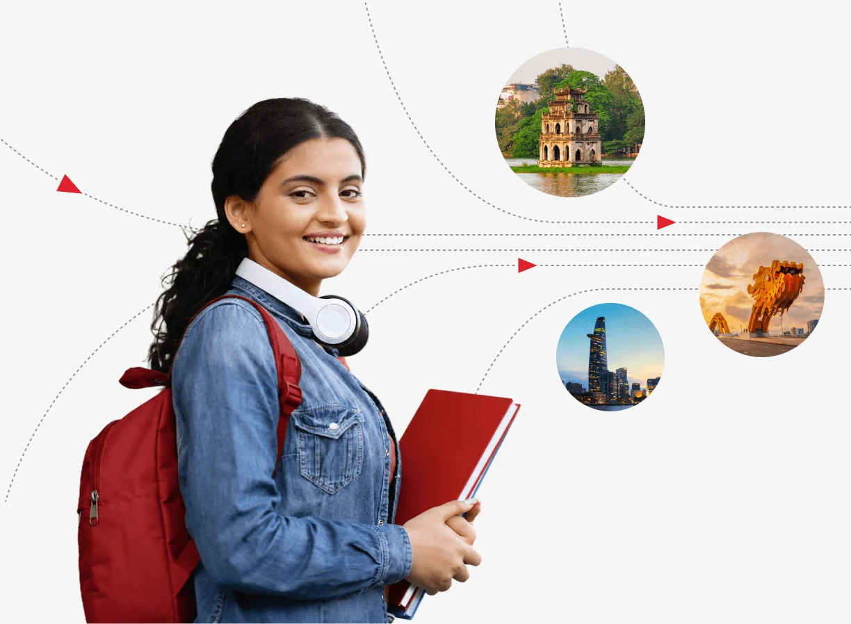 Smiling student with headphones, a red backpack, and books, surrounded by connected images of international landmarks and destinations.
