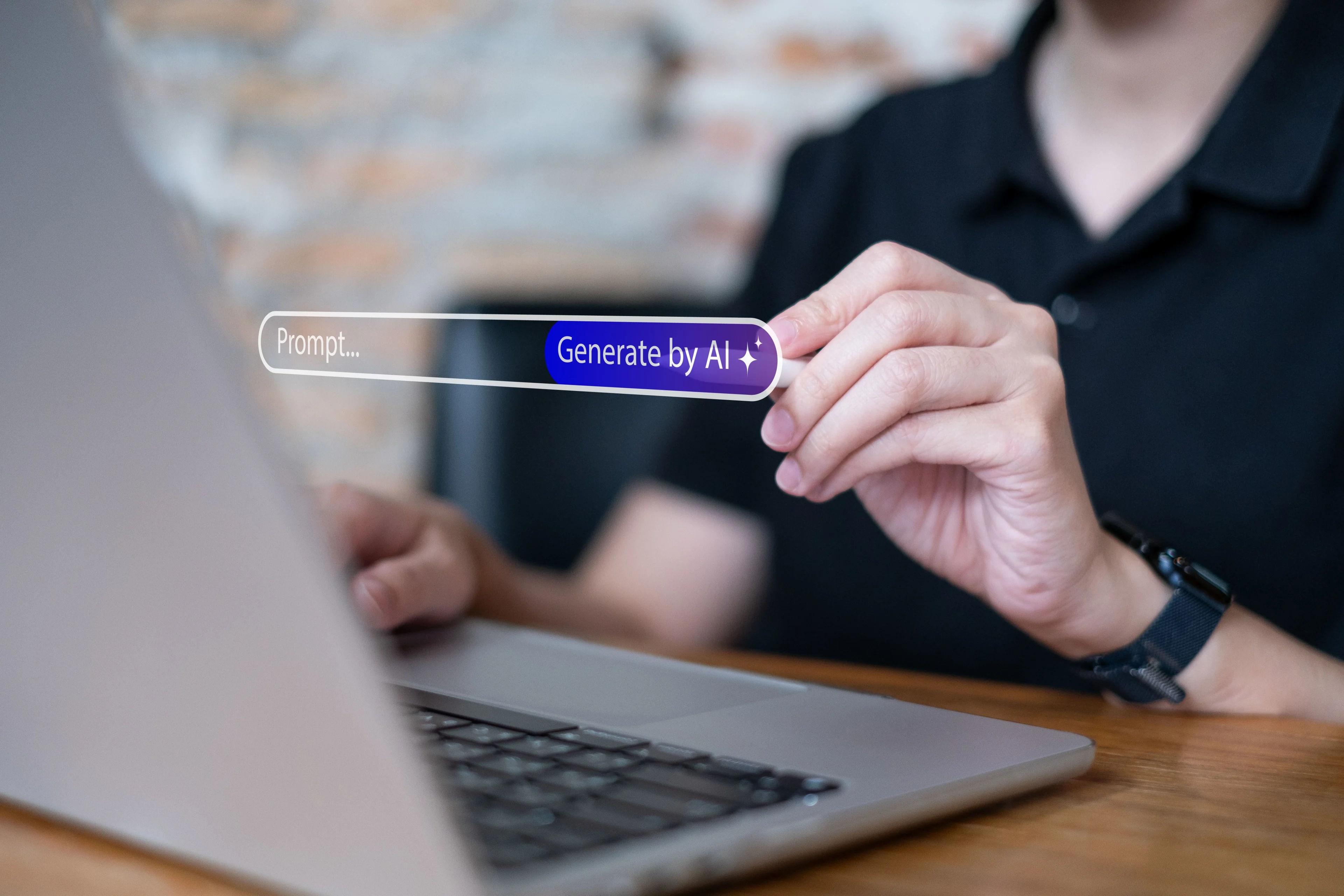 Người dùng laptop nhập câu lệnh trên giao diện “Generate by AI” ứng dụng trí tuệ nhân tạo.