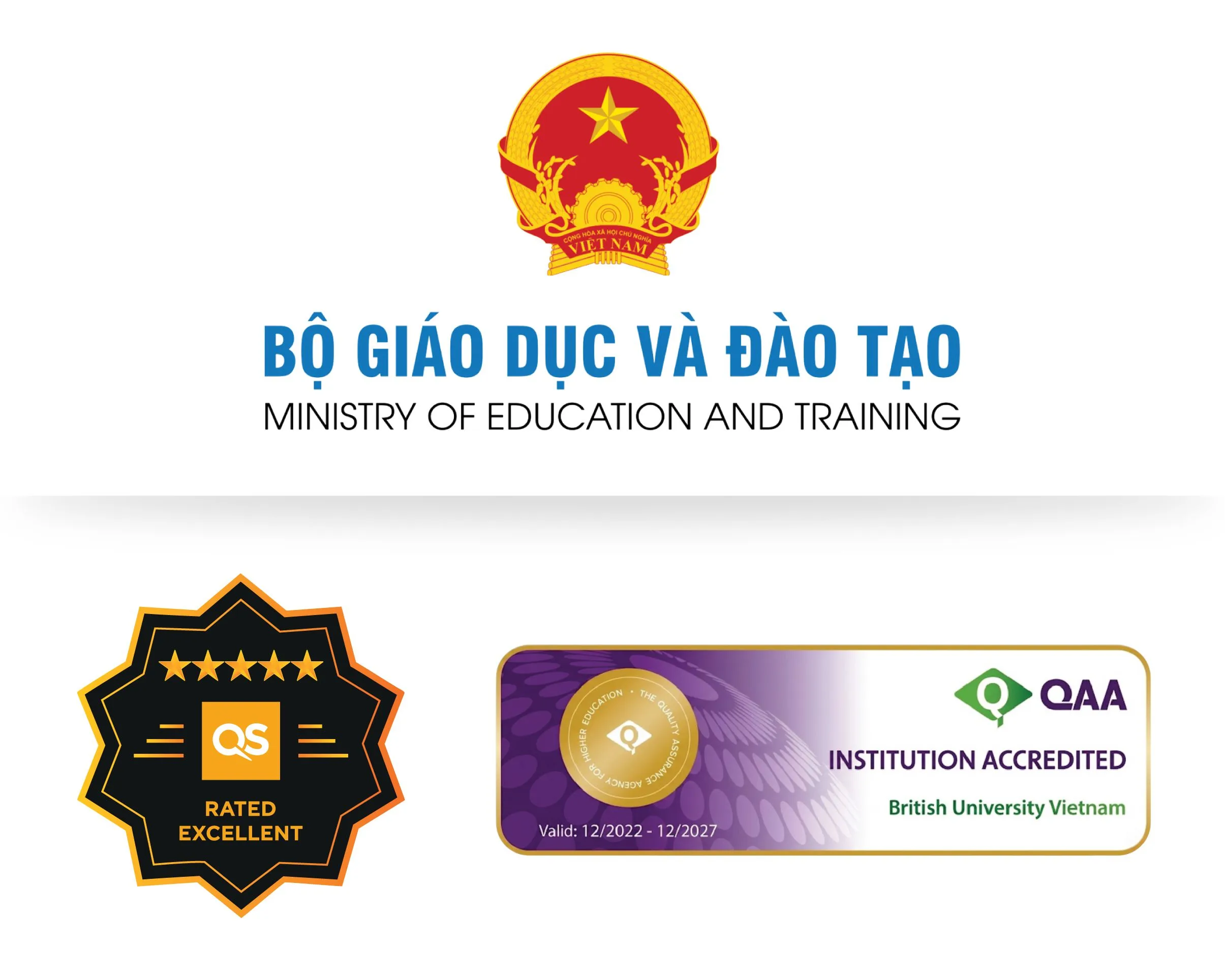 Vietnam Ministry of Education and Training, QS Excellent rating, and QAA-accredited British University Vietnam (valid 2022–2027) logos.