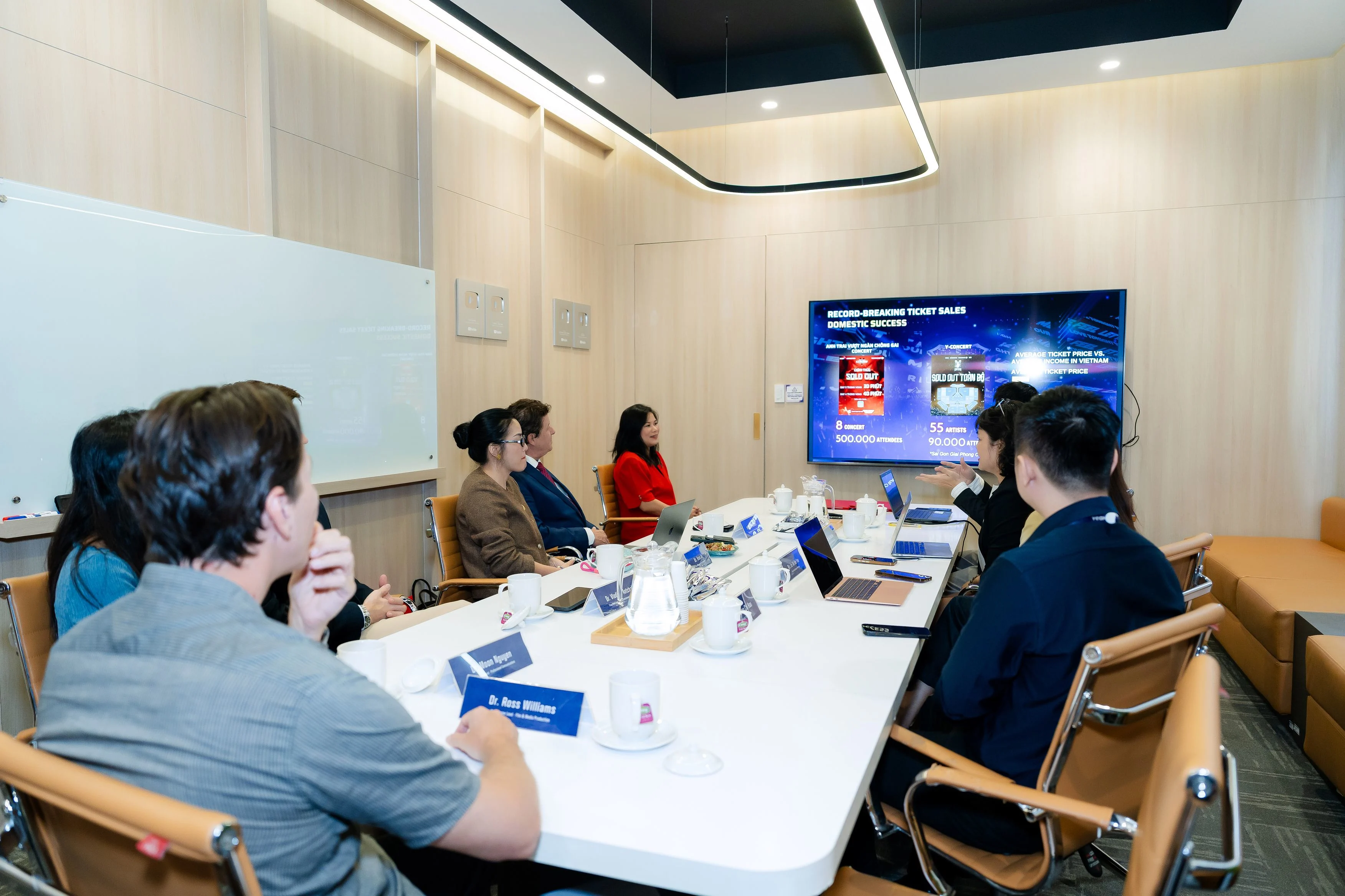 BUV business meeting in a modern conference room, with participants discussing a presentation on record-breaking ticket sales.