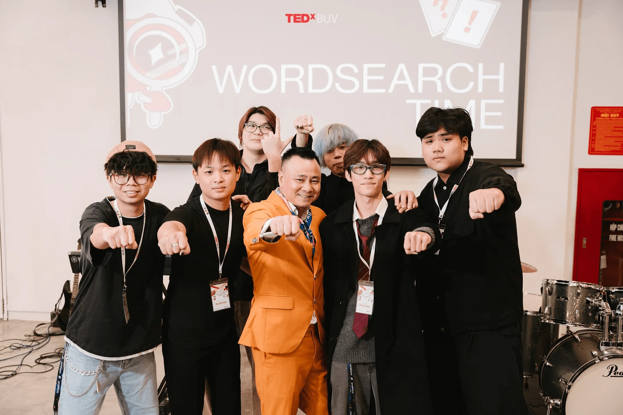 BUV students and mentor pose at the TEDxBUV Wordsearch Time event