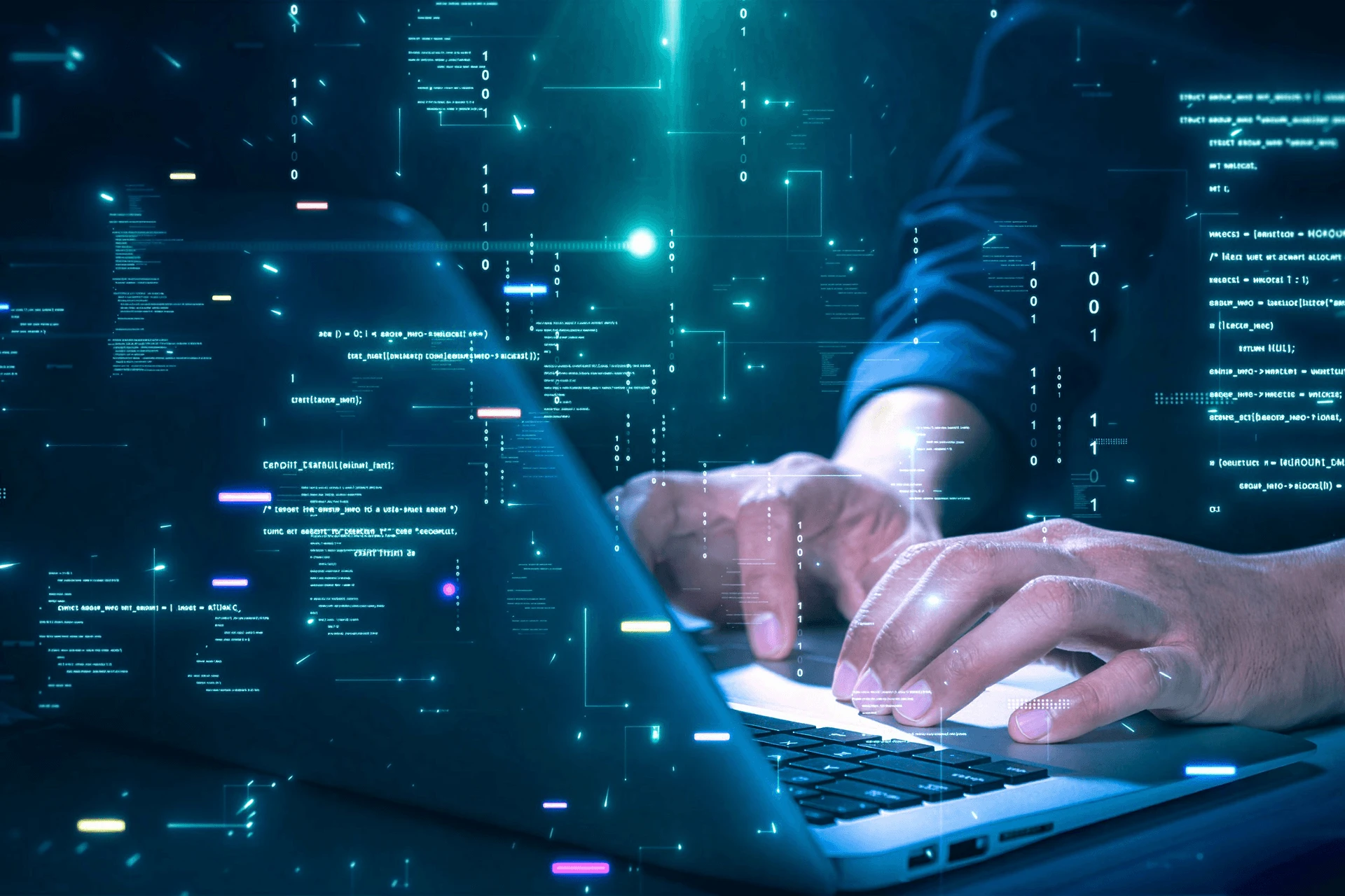 Computer science student coding on a laptop with software code and binary data overlays