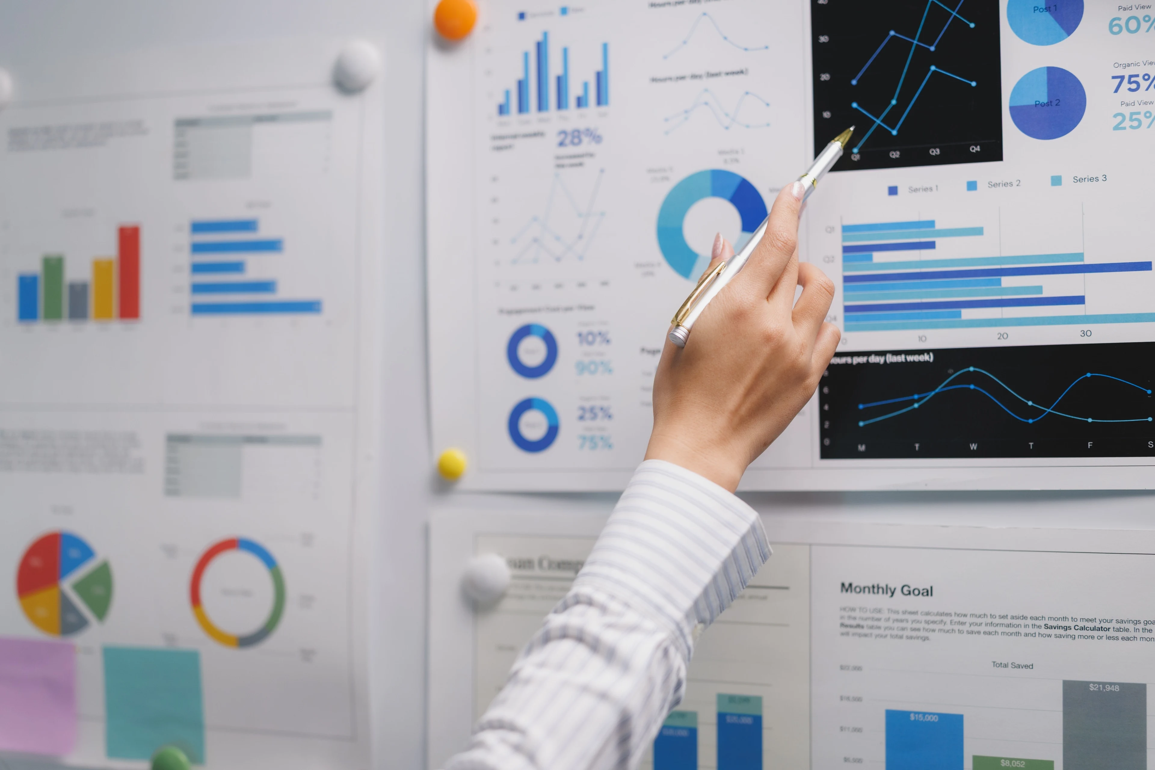 Business analyst reviewing performance charts and data visualizations for strategic decision-making