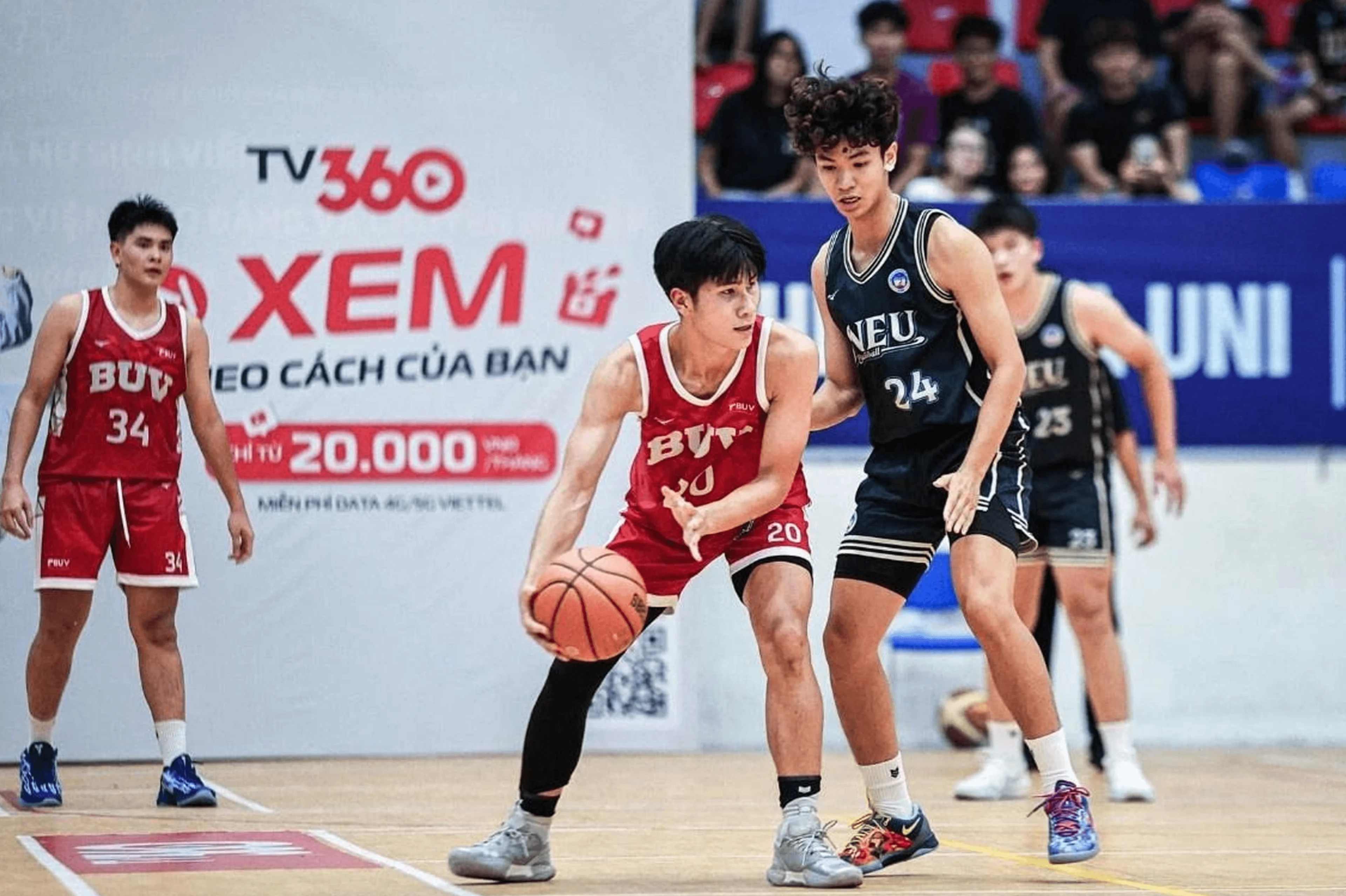 BUV students compete in a university basketball match, highlighting campus sports and student life in Vietnam.