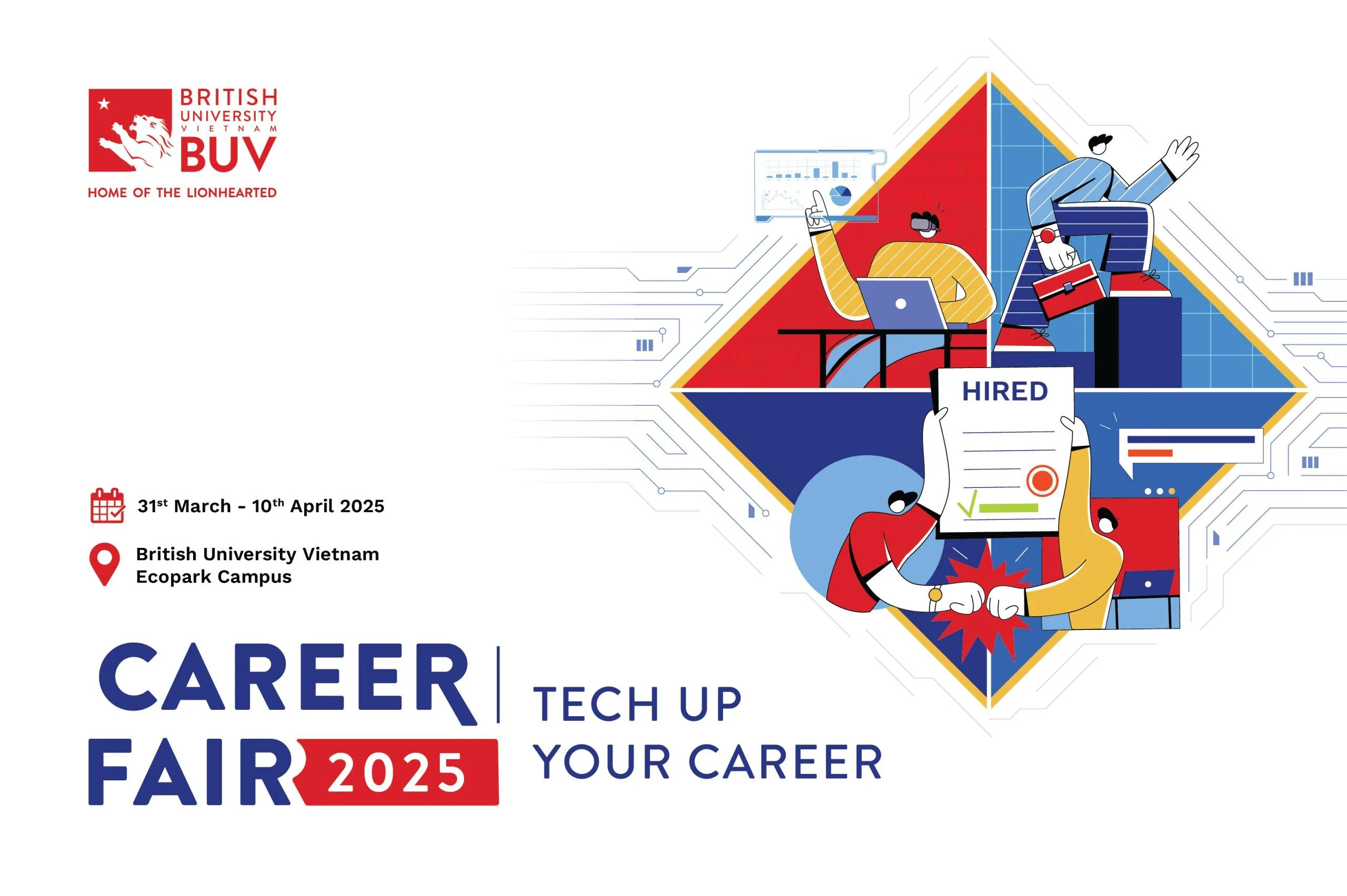 Alt text: **British University Vietnam (BUV) Career Fair 2025 poster – “Tech up your career”**