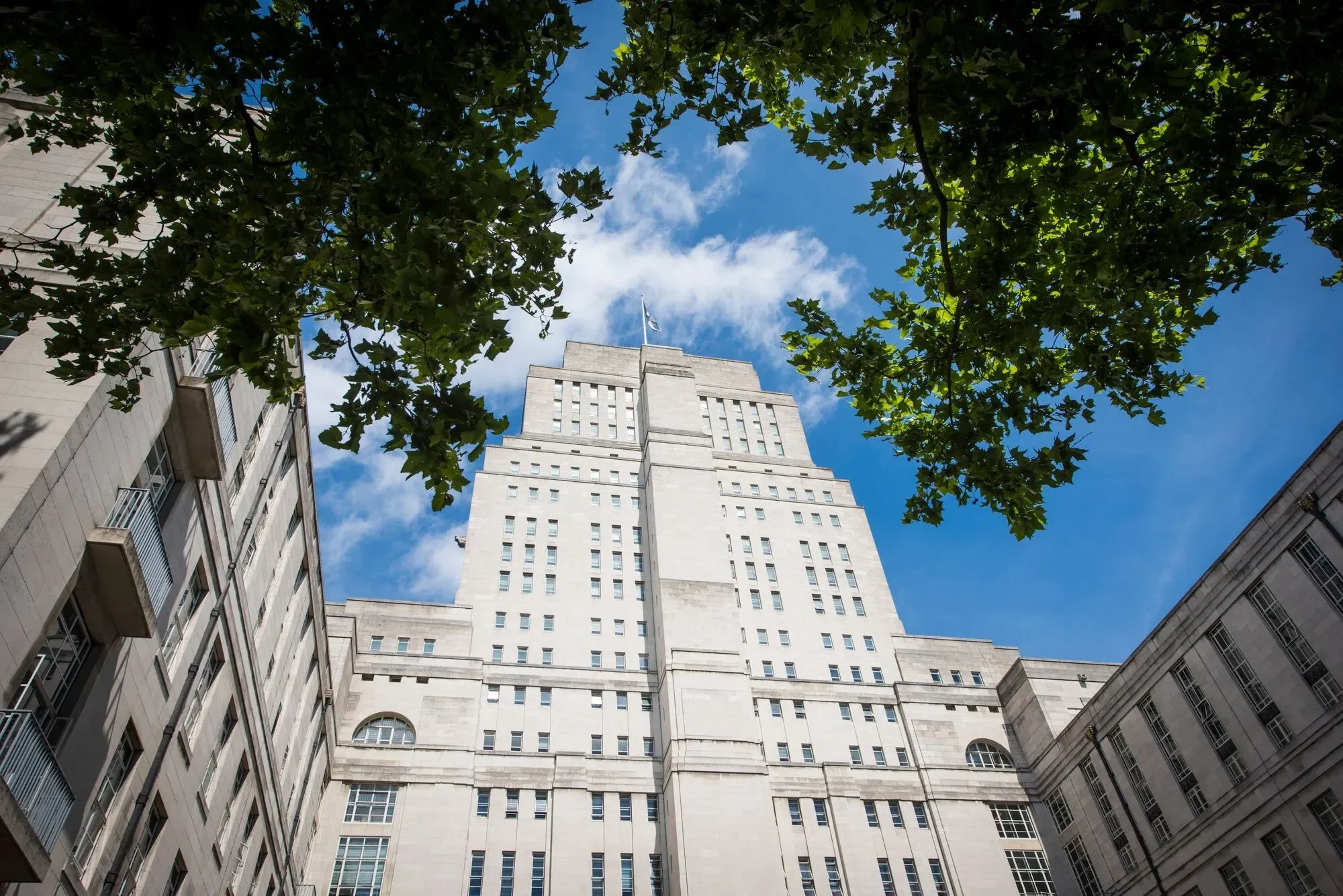 Senate House exterior framed by leafy trees beneath a bright blue sky.