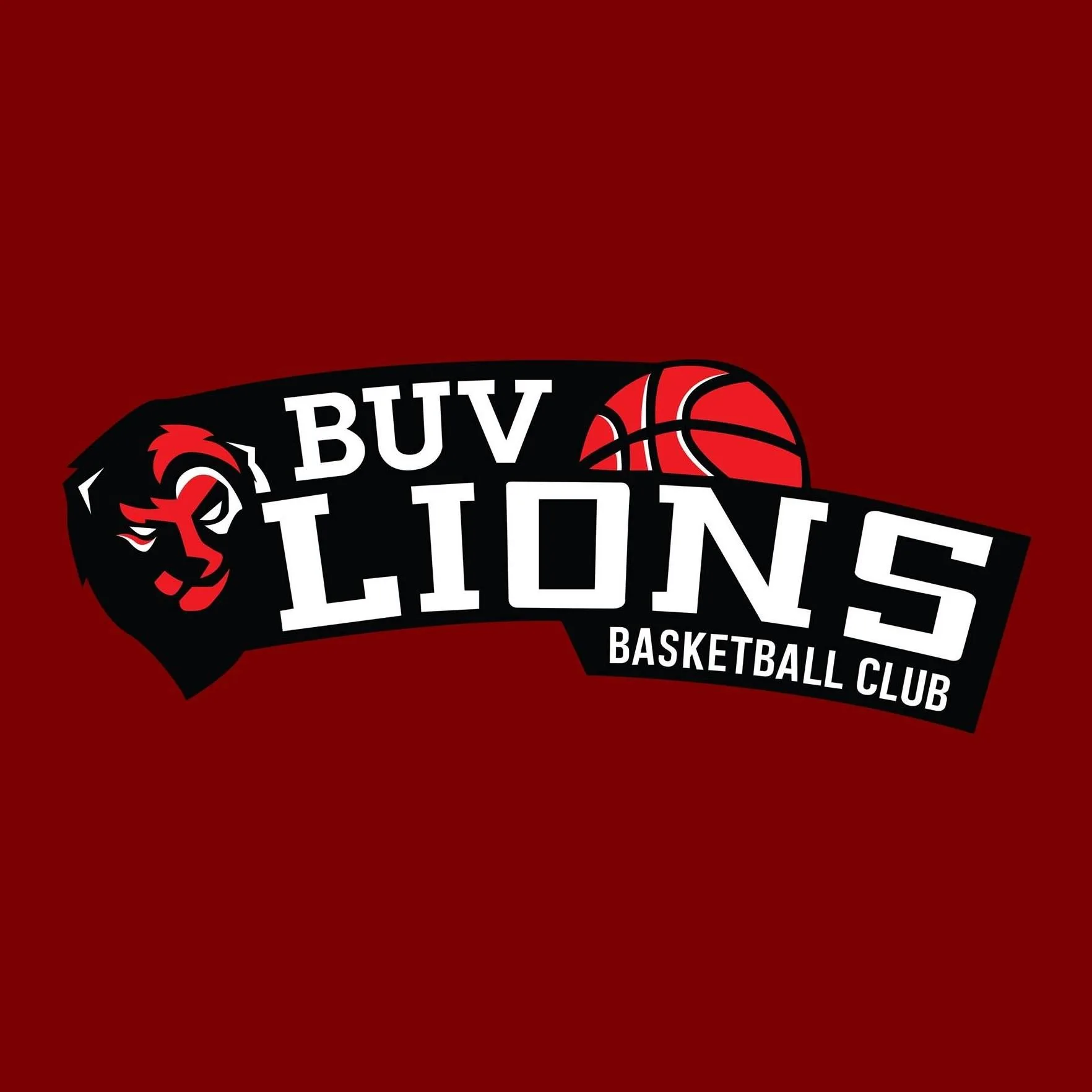 BUV Lions Basketball Club logo with a red lion and basketball on a dark red background