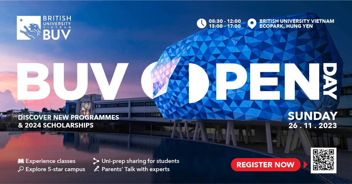 Alt text: Promotional banner for BUV Open Day on Sunday, 26 November 2023, at BUV Ecopark, Hung Yen. The banner features the BUV logo, a blue geometric dome, information about discovering new programmes and 24 scholarships, experience classes, expert sharing, a “Register Now” button, and a QR code.