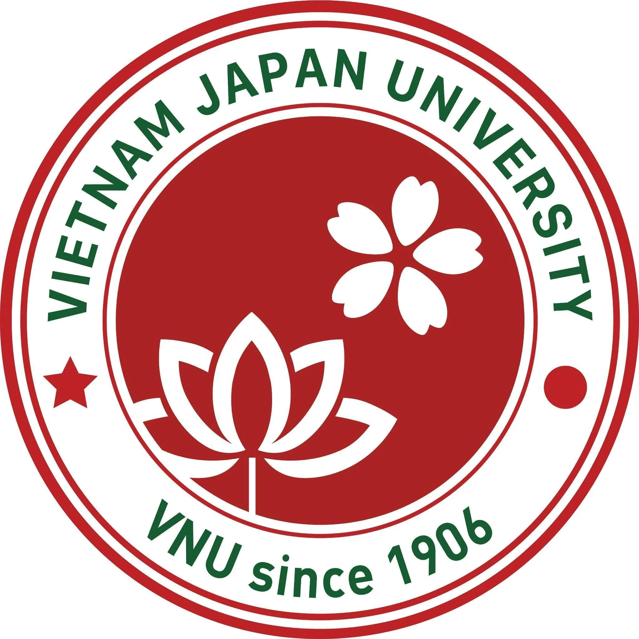 Alt text: “Logo của Vietnam Japan University (VNU), nền đỏ với hoa sen và biểu tượng ngôi sao, chữ ‘VNJU since 1906’.”