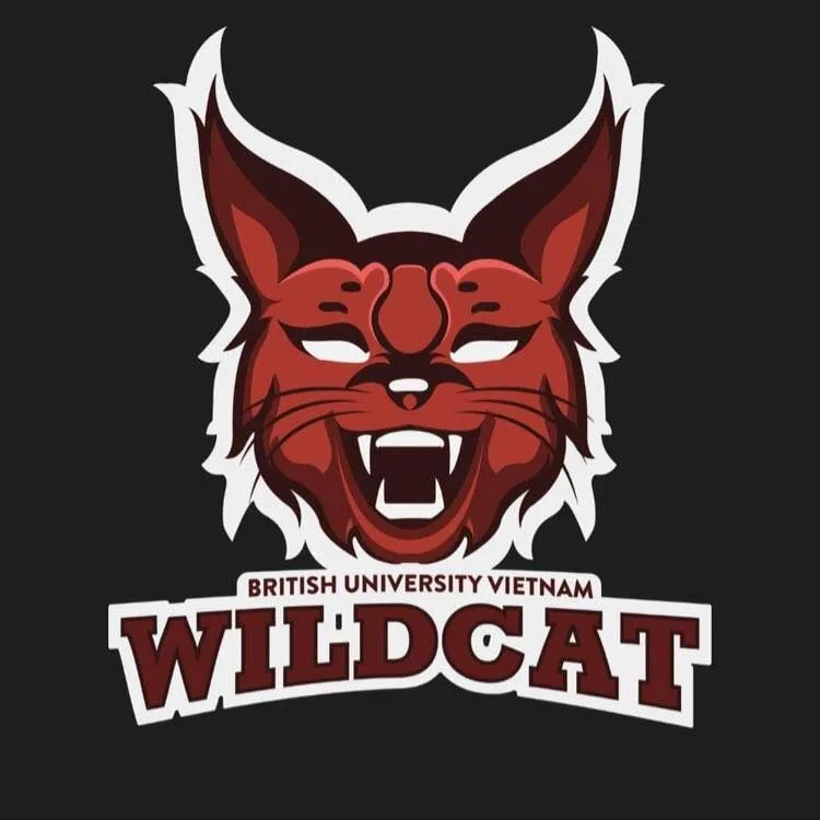 Red and white BUV Wildcat mascot logo with British University Vietnam text on a black background